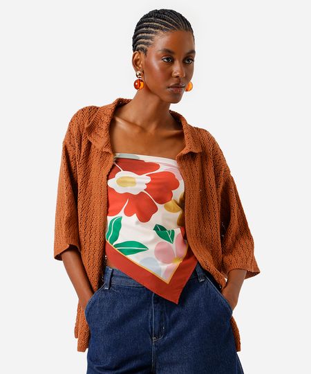 camisa feminina de tricot aberta laranja M