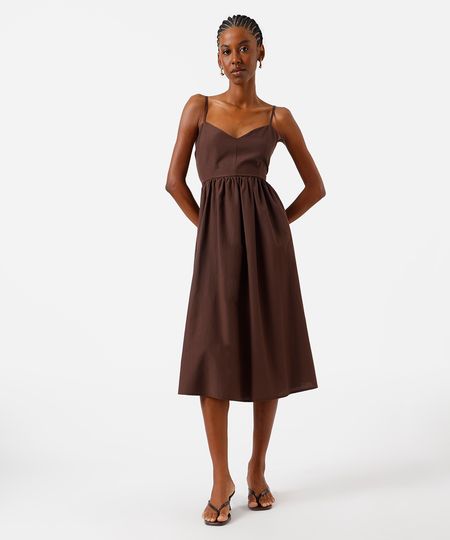 vestido midi alça fina feminino com algodão decote coração marrom M vestido midi alça fina feminino com algodão decote coração marrom M
