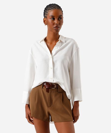 camisa feminina com linho manga longa off white P camisa feminina com linho manga longa off white P