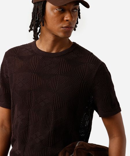 camiseta masculina de tricot floral marrom M camiseta masculina de tricot floral marrom M