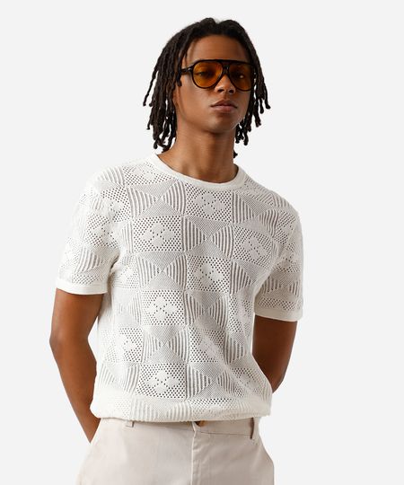 camiseta masculina de tricot floral off white P