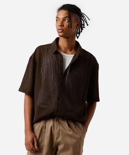 camisa box masculina de tricot texturizada marrom GG camisa box masculina de tricot texturizada marrom GG