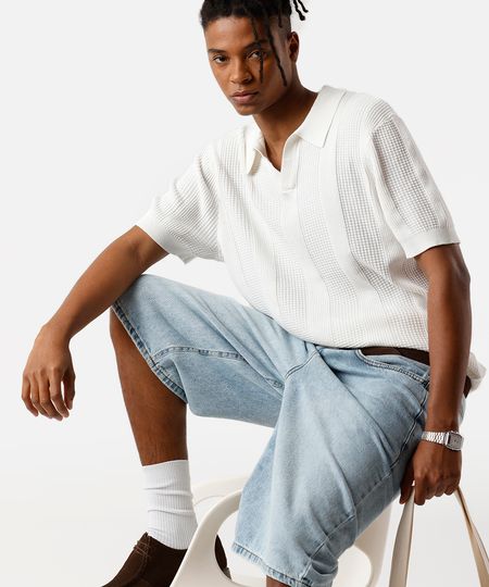 polo masculina de tricot texturizada off white M polo masculina de tricot texturizada off white M