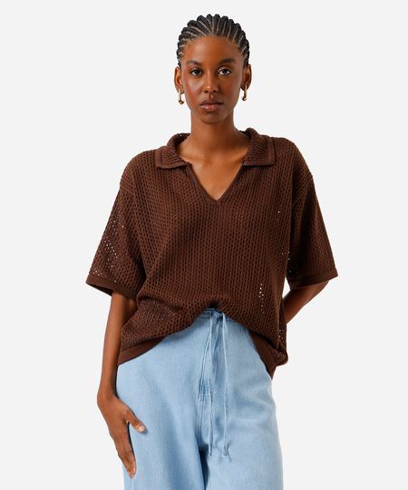 polo oversized feminina de tricot marrom M polo oversized feminina de tricot marrom M