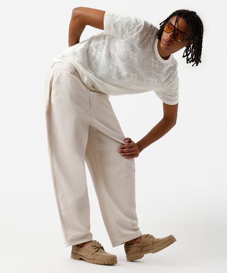 calça barrel chino masculina de sarja bege 42