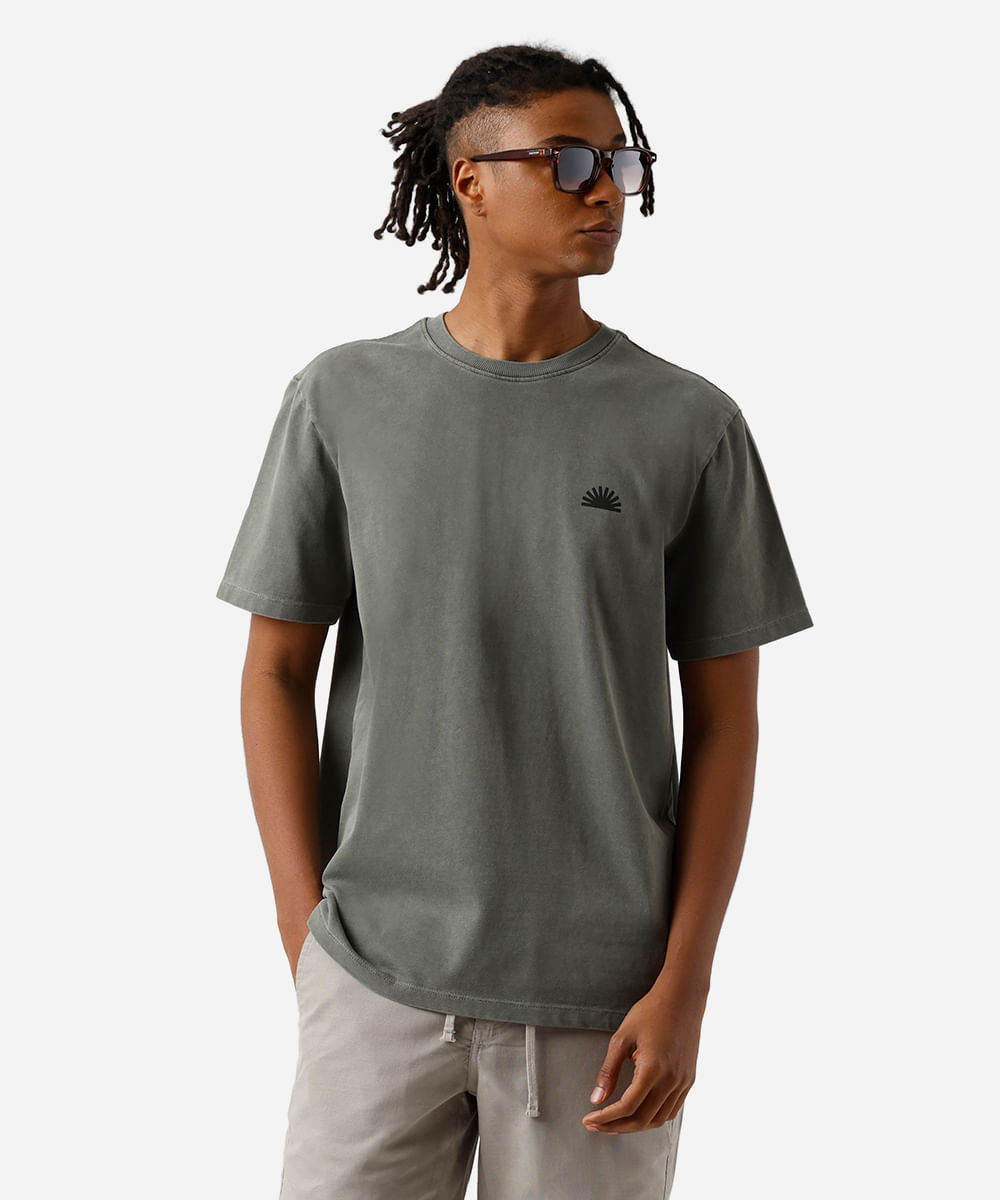 camiseta masculina de algodão estonada estampada verde