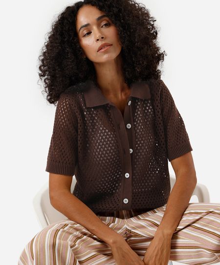 camisa feminina de tricot manga curta marrom G