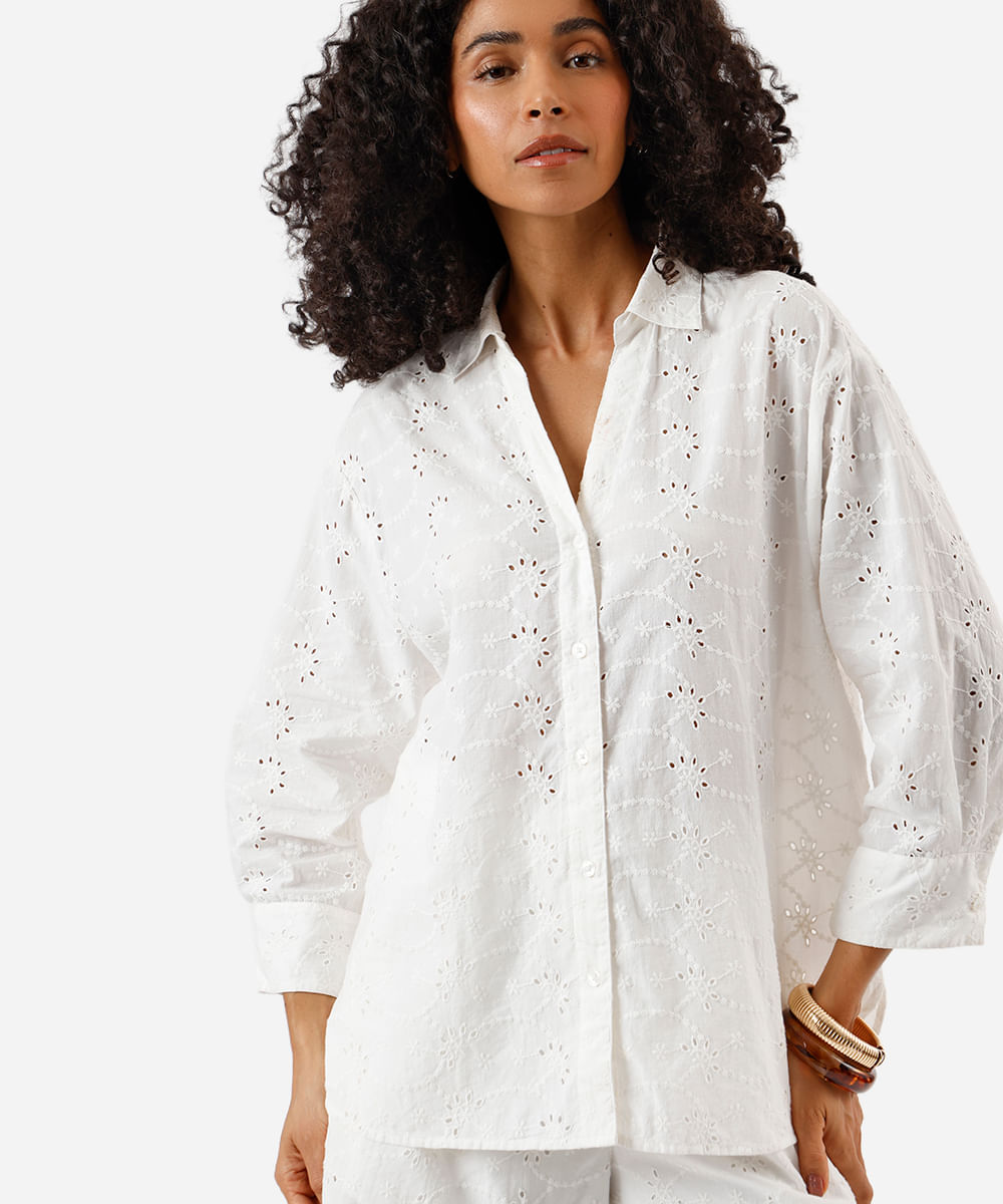camisa feminina de laise manga longa off white