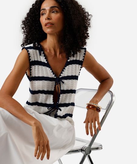 blusa feminina de tricot com laços listrada off white M blusa feminina de tricot com laços listrada off white M