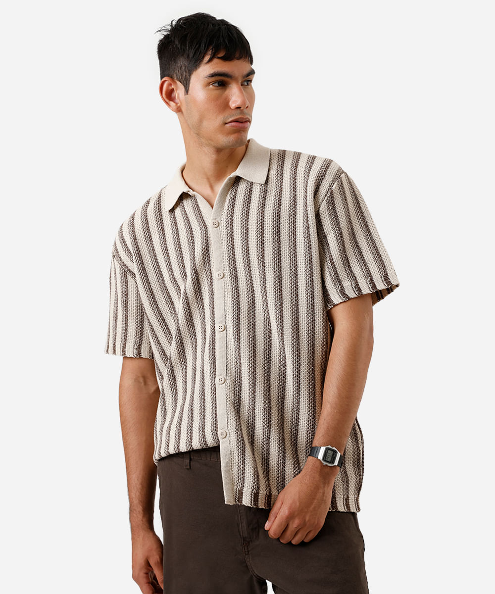 camisa masculina de tricot manga curta listrada marrom
