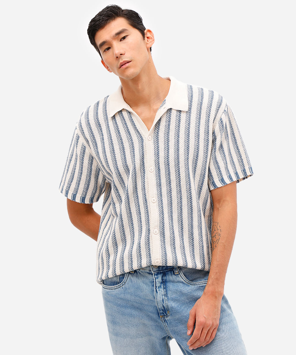 camisa masculina de tricot manga curta listrada azul