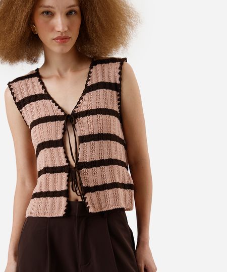 blusa feminina de tricot com laços listrada rosa PP blusa feminina de tricot com laços listrada rosa PP