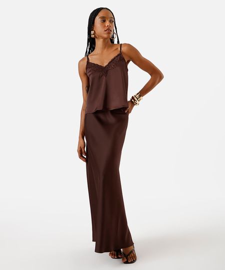 saia longa feminina evasê acetinada cós elástico marrom 38 saia longa feminina evasê acetinada cós elástico marrom 38