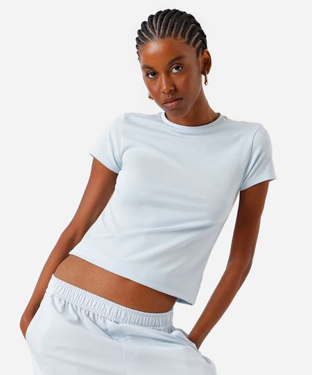 camiseta básica feminina de algodão manga curta azul PP