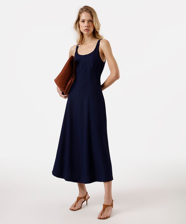 vestido midi feminino de viscose evasê com recortes azul G