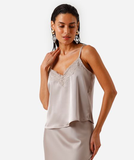 regata alça fina feminina com renda acetinada cinza G regata alça fina feminina com renda acetinada cinza G