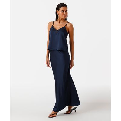 saia longa feminina evasê acetinada cós elástico azul