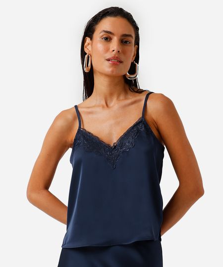 regata alça fina feminina com renda acetinada azul P