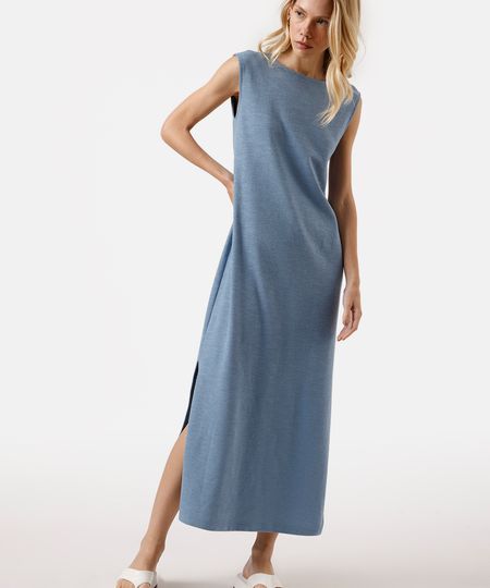 vestido longo feminino de algodão com fendas azul PP
