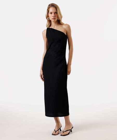 vestido midi feminino ombro único texturizado preto PP vestido midi feminino ombro único texturizado preto PP