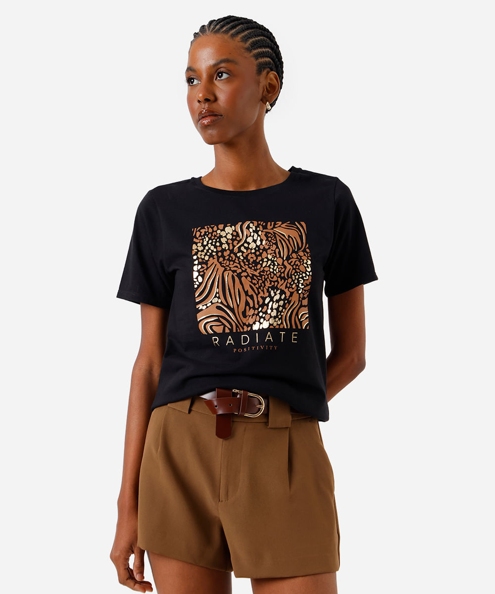 camiseta feminina de algodão animal print preta