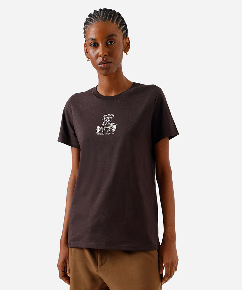 camiseta feminina de algodão estampada marrom