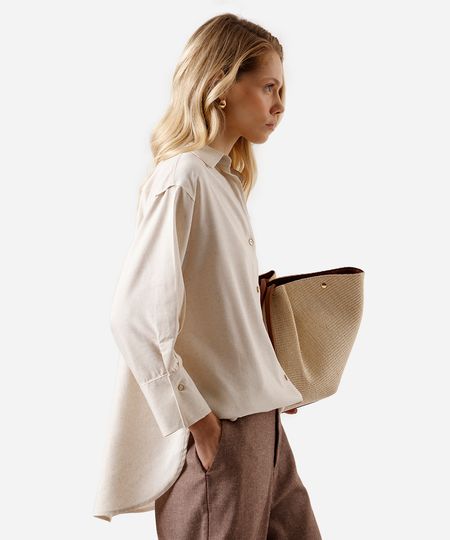 camisa feminina com linho manga longa bege G