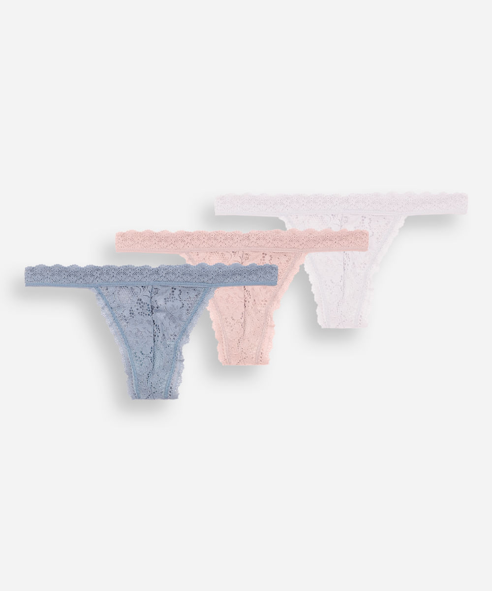 Vista 2 kit de 3 calcinhas fio dental de renda floral colorido C&A SORTIDO (KIT) C&A SORTIDO (KIT)