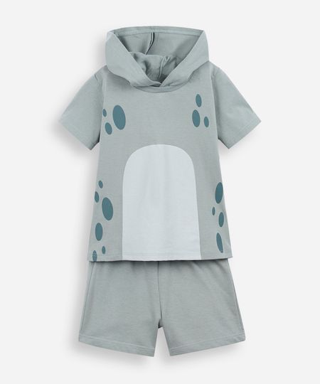 conjunto curto infantil de algodão com capuz dino verde 3 conjunto curto infantil de algodão com capuz dino verde 3