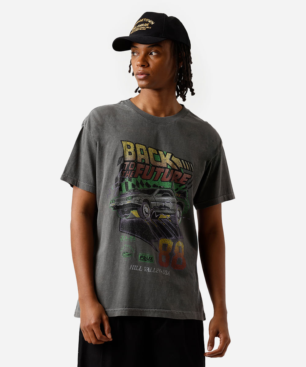 camiseta masculina em algodão de volta para o futuro estonada - chumbo