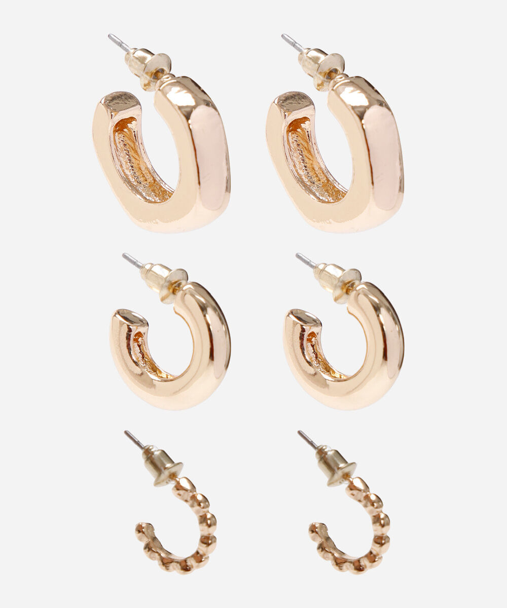 kit de 3 brincos argolas dourado