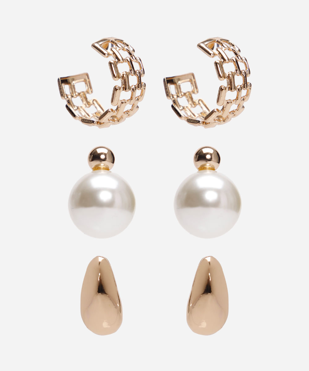 kit de 3 brincos pérola e argola dourado