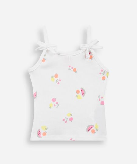 blusa infantil de algodão alça fina frutas canelada off white 1