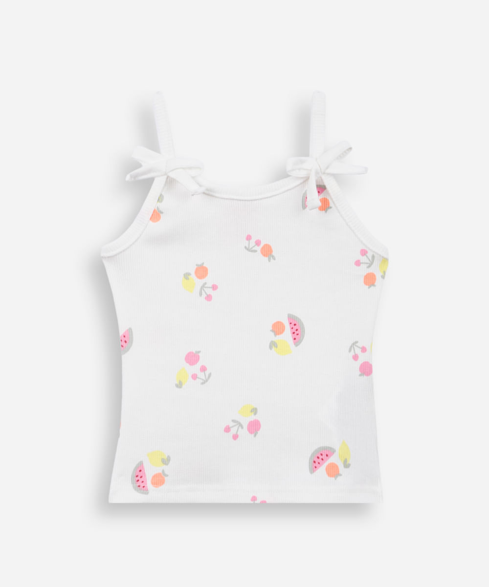blusa infantil de algodão alça fina frutas canelada off white