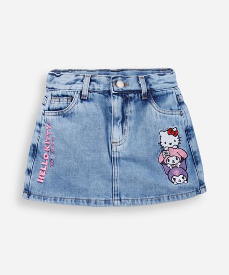 short saia infantil jeans com bordado hello kitty azul 6 short saia infantil jeans com bordado hello kitty azul 6