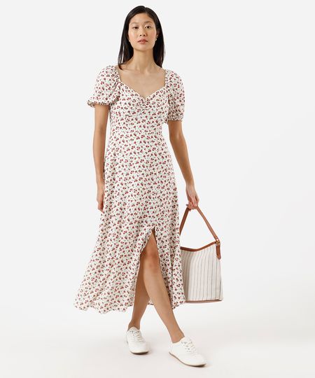 vestido midi feminino de viscose manga bufante com fenda floral off white GG vestido midi feminino de viscose manga bufante com fenda floral off white GG