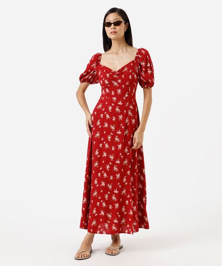 vestido midi feminino de viscose manga bufante com fenda floral vermelho P vestido midi feminino de viscose manga bufante com fenda floral vermelho P