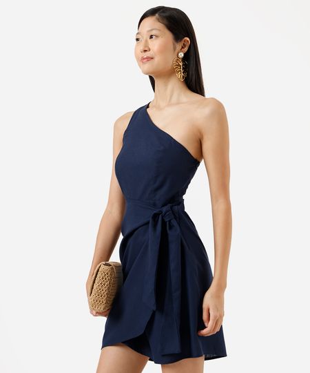 vestido curto feminino com linho ombro único azul M