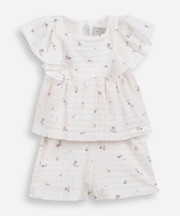 conjunto curto infantil de algodão texturizado floral off white 1