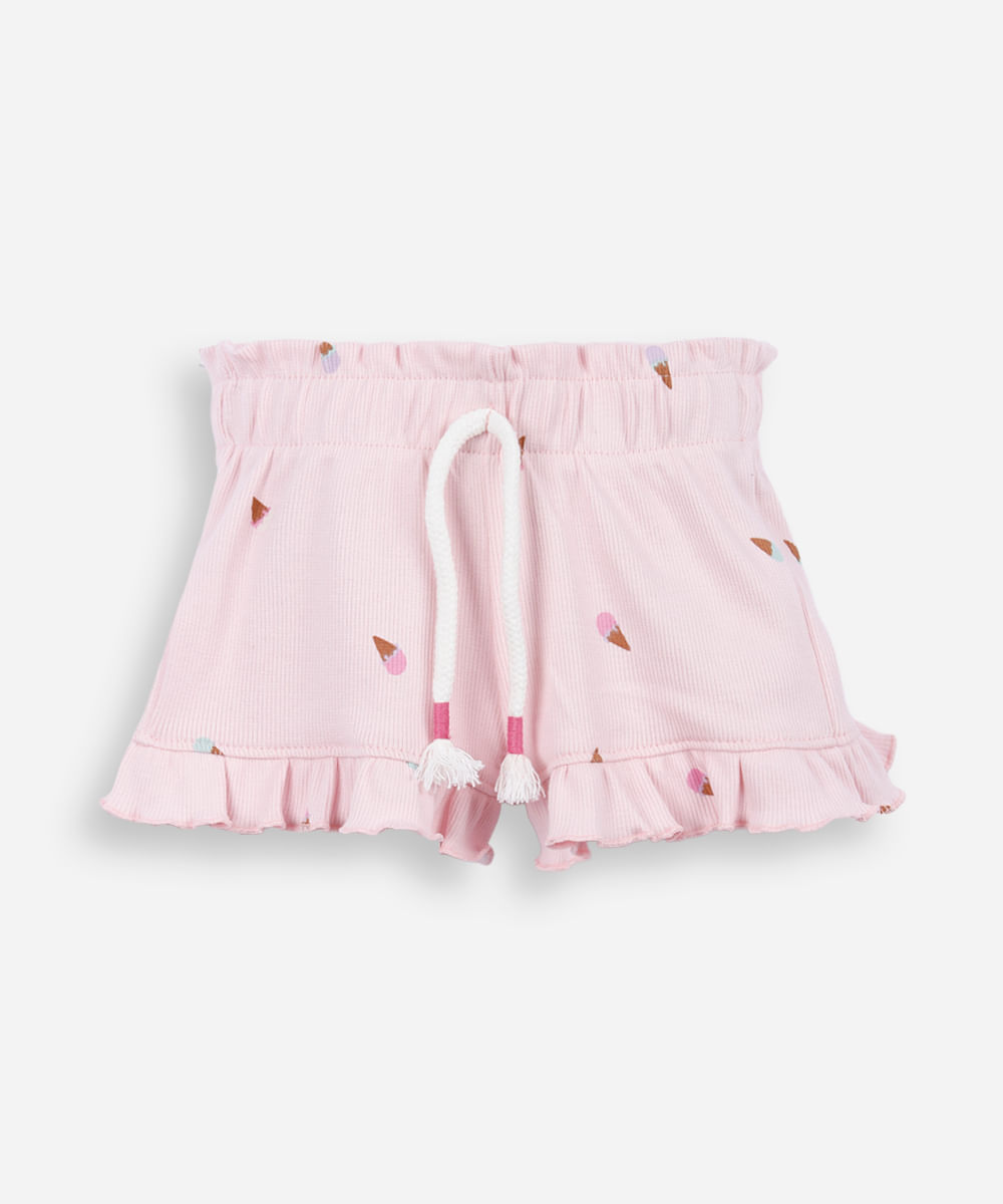 short infantil de algodão com babado sorvete canelado rosa