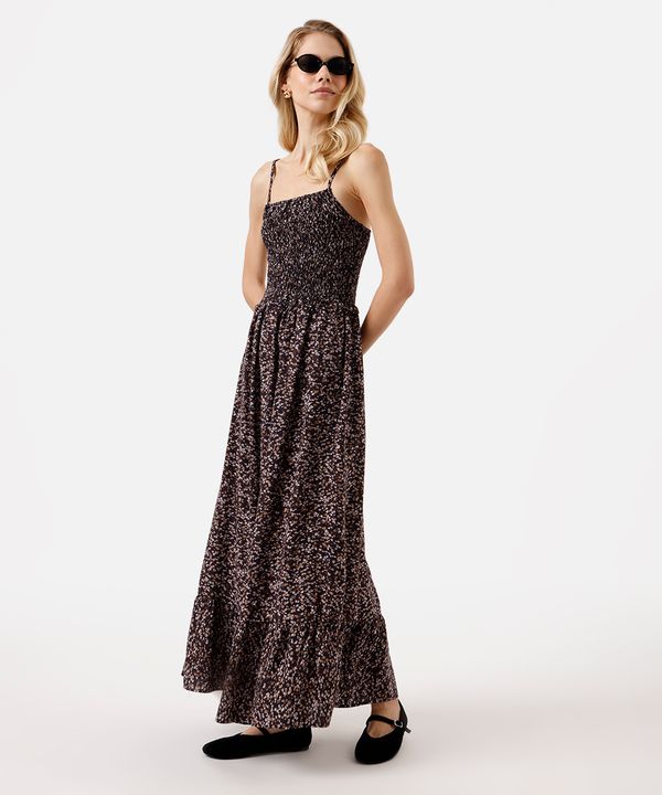 vestido longo alça fina feminino de viscose com recorte floral preto PP
