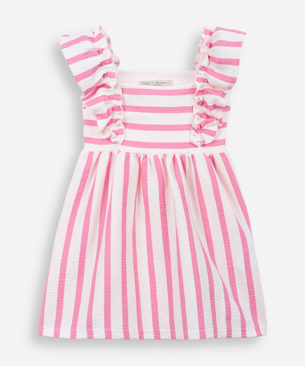 vestido infantil de algodão listrado texturizado rosa
