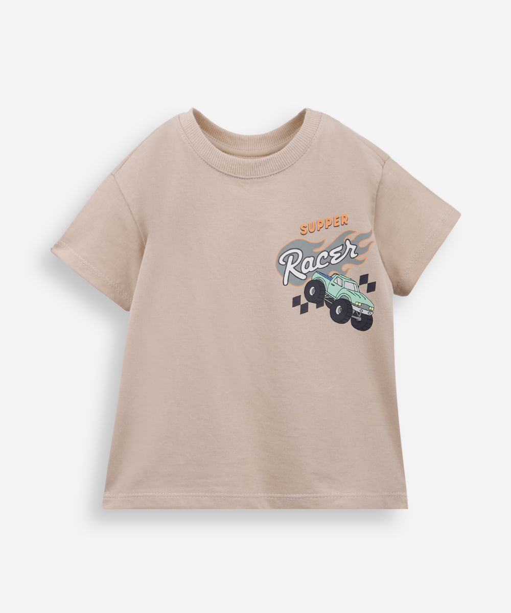camiseta infantil de algodão estampada bege