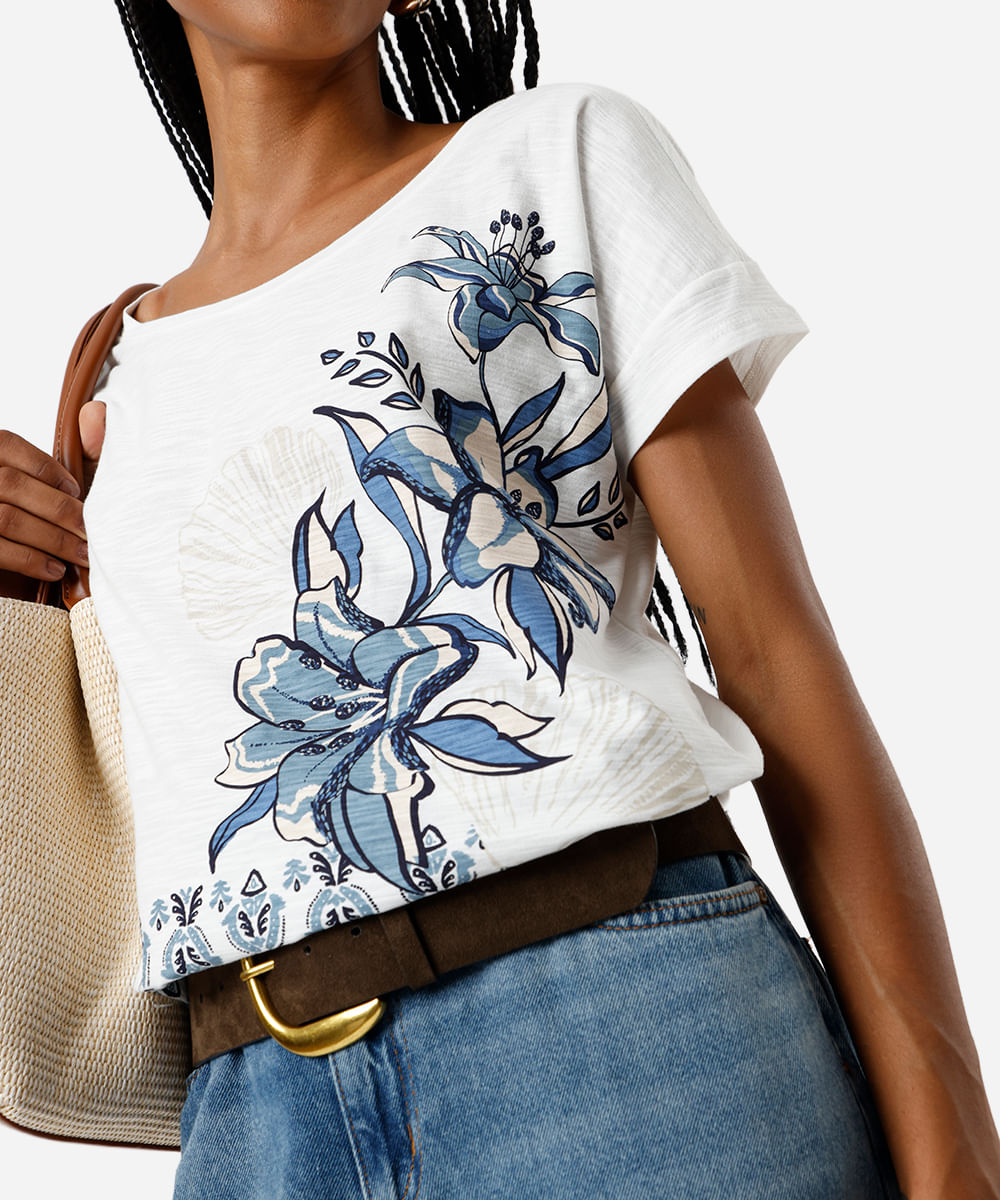 camiseta feminina de algodão floral off white