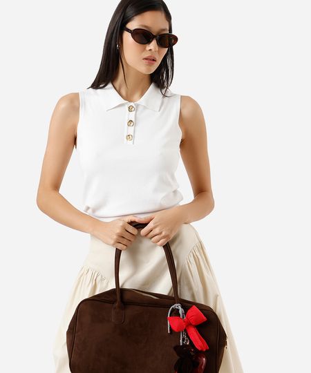 polo feminina de tricot com botões florais off white PP polo feminina de tricot com botões florais off white PP