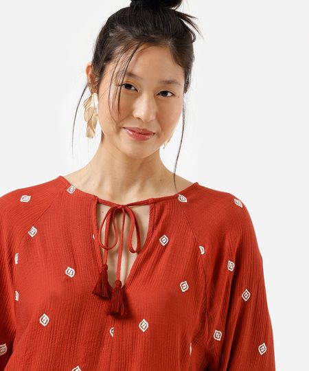 bata feminina com viscose e bordados texturizada laranja GG