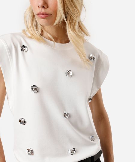 blusa muscle tee feminina bordado de paetê off white M