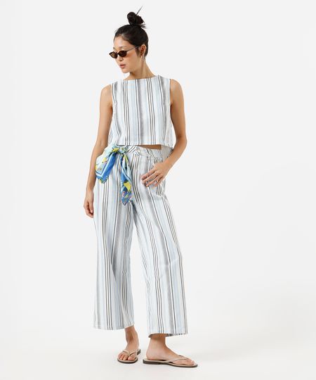 calça wide leg cropped feminina de sarja listrada off white 38 calça wide leg cropped feminina de sarja listrada off white 38