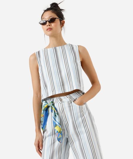 cropped  feminino de sarja listrado off white P cropped  feminino de sarja listrado off white P