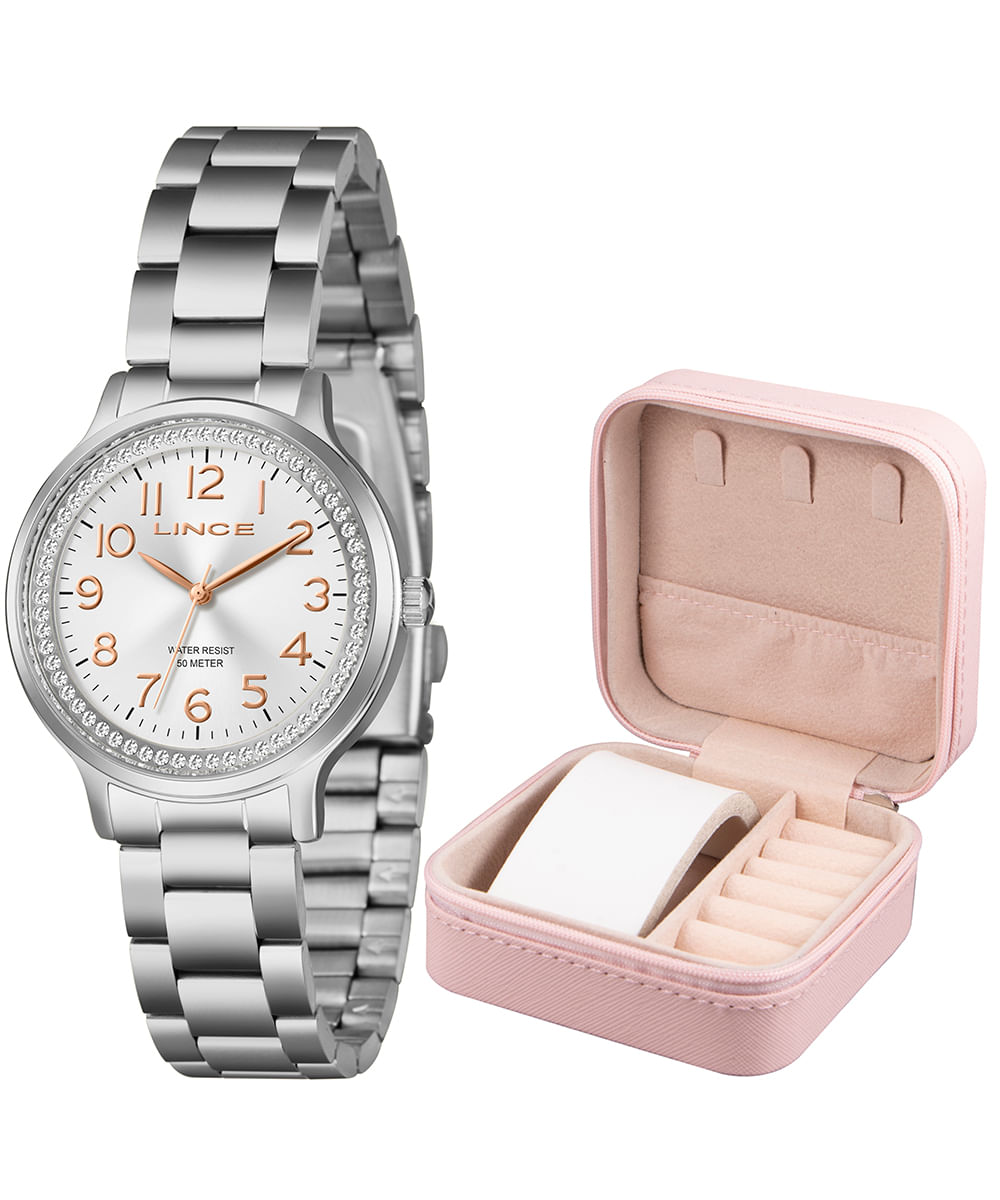kit relógio feminino lince analógico lrmh261l36 s2sx pj prateado